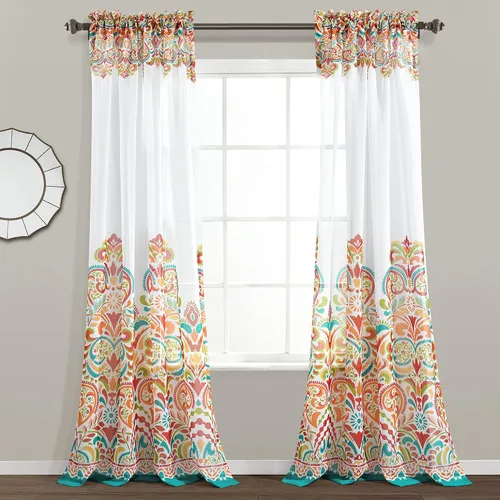 Vista 14 de Lush Decor Clara Valance - Cortina individual de estilo bohemio con estampado de damasco, cenefa, azul y verde