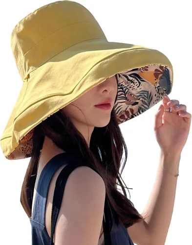 Vista 14 de Sombrero de sol de ala súper ancha para mujer, de algodón, plegable, reversible, con borde con cable, protección UV, verano, playa, viajes, jardín