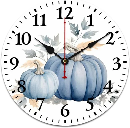 Vista 10 de Reloj de pintura de tinta acuarela amarillo verde calabazas hojas redondo creativo reloj decorativo sin tictac Acción de Gracias o Halloween reloj