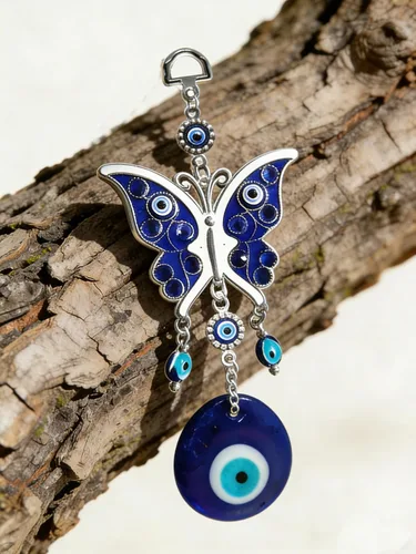 Vista 4 de Decoración colgante de pared con diseño de mariposa azul y ojo malvado, amuleto de mariposa para puerta de automóvil, accesorios colgantes de adorno
