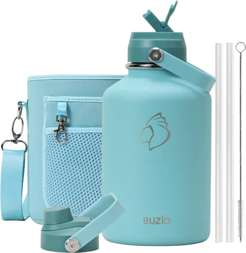 Vista 59 de BUZIO Botella de agua aislada de 24 oz, frasco de agua de boca ancha de acero inoxidable con tapa de pajita, frío durante 48 horas a prueba de Negro