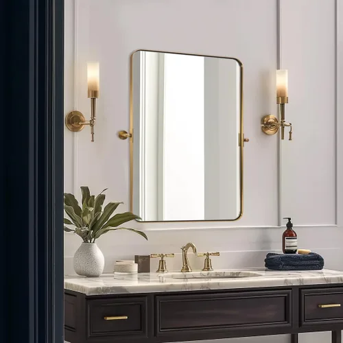 Vista 16 de Espejo giratorio Moon Mirror de oro cepillado, espejo inclinable de latón para tocador rectangular para baño, medidas totales 24.33 x 28 pulgadas
