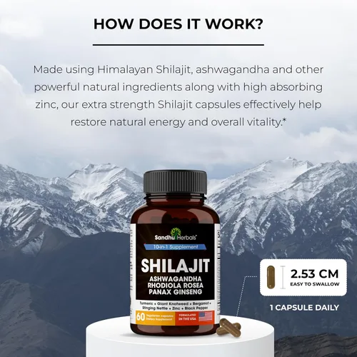 Vista 9 de SANDHUHERBALS Cápsulas de Shilajit para Hombres y Mujeres Mezcla Pura del Himalaya con Ashwagandha Suplemento de Alta Potencia y Energía