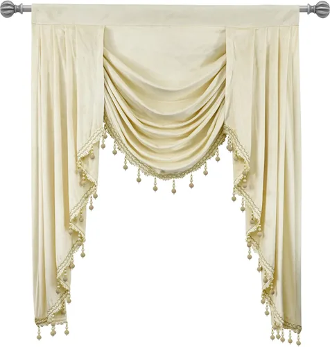 Vista 3 de Toppers Beige de Cortinas de Ventana para Sala de Estar - Cenefa de Cascada de Terciopelo para Dormitorio (1 Panel, 39 Pulgadas de Ancho, Marfil)