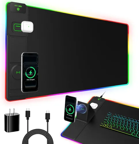 Vista 12 de Wireless Charging Mouse Pad with Foldable Phone Holder, 31.5"x15.8" XXL Excel Cheat Sheet Desk Mat for Laptop/Keyboard, Waterproof Ultra-Smooth