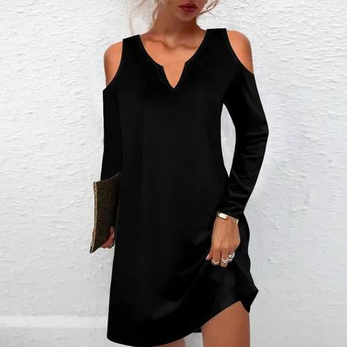 Vista 2 de UODSVP Womens Sundresses Casual Beach Casual Solid Color Fashion Slim Fit Round Neck Off Shoulder Long Sleeve Dress