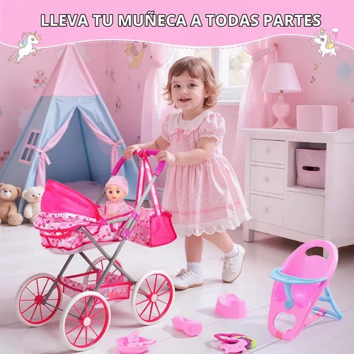 Vista 3 de DRAMATION Juego de cochecito de bebé, muñeca de 11 pulgadas con corralito y A-pink