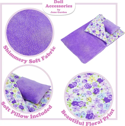 Vista 2 de June Garden Cozy Dream - Saco de dormir reversible para muñeca, juego de 2 piezas, accesorio para muñeca con almohada, se adapta a muñecas American