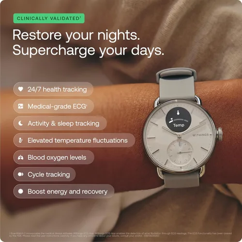 Vista 3 de WITHINGS ScanWatch 2 - Hybrid Smart Watch, Heart Rate Monitoring, Fitness Tracker, Cycle Tracker, Sleep Monitoring, GPS Tracker, 30-Day Battery
