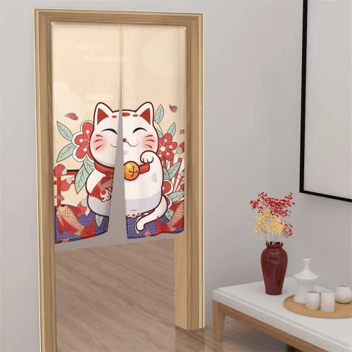 Vista 2 de Lucky Cat Noren - Cortina japonesa Sakura Noren, estilo cortina japonesa para puerta, tapiz de entrada, cortina de puerta de Feng Shui, 33.5 x 59