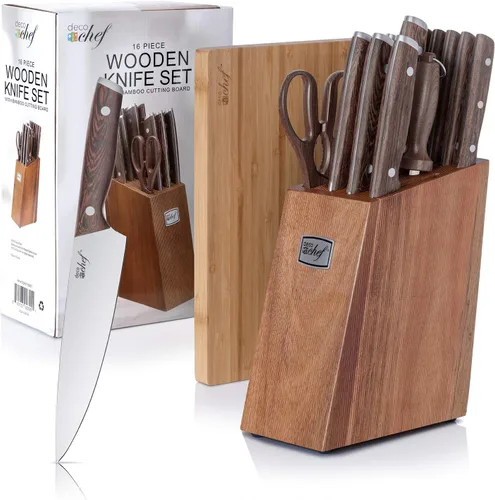 Vista 9 de Deco Chef Juego de cuchillos de cocina de 16 piezas de acero inoxidable con asas de madera, cuchillo de chef de 8 pulgadas, cuchilla de 6.5