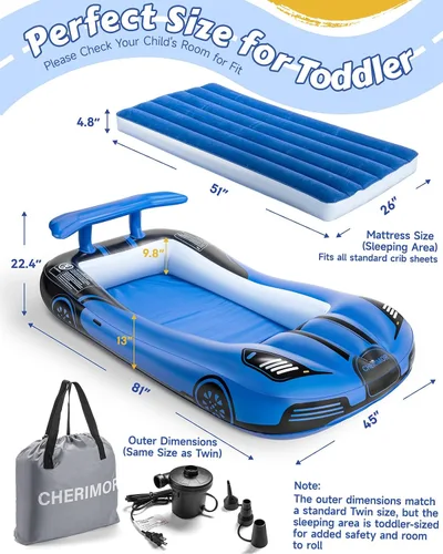 Vista 6 de CHERIMOR Cama inflable de viaje para niños pequeños con parachoques de seguridad y bomba de inflado automático de 2 minutos, colchón de aire