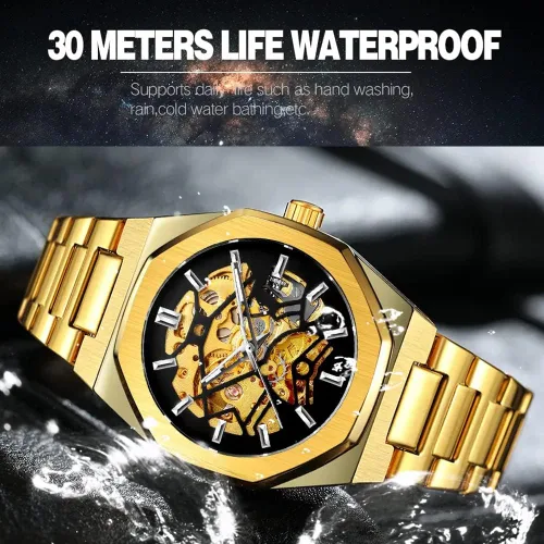Vista 3 de Tiong Relojes automáticos de moda Reloj de pulsera mecánico dorado para hombre Relojes esqueleto con esfera transparente de acero inoxidable