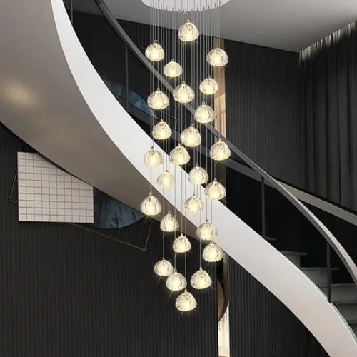 Vista 12 de Candelabro de cristal LED moderno, lámpara colgante de gota de lluvia, lámpara de techo de bola de cristal, 14 luces para escalera, sala de estar