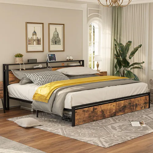 Vista 8 de LIKIMIO Marco de cama King con cabecera de almacenamiento, cama de plataforma con cajones y estación de carga, no necesita somier, fácil montaje