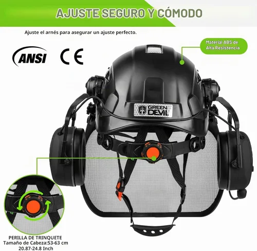 Vista 5 de Casco de seguridad para motosierra forestal GREEN DEVIL con orejeras Bluetooth Casco de arborista Casco duro con visera incorporada Protector facial