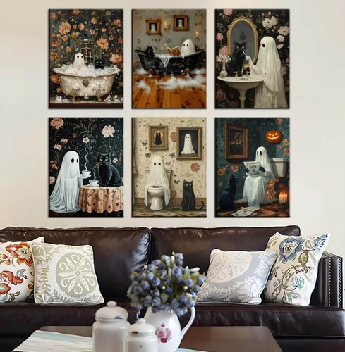 Vista 5 de Póster de Halloween de fantasmas de baño, arte de pared, fantasmas de terror y gato negro en el baño, imágenes retro de terror espeluznante oscuro