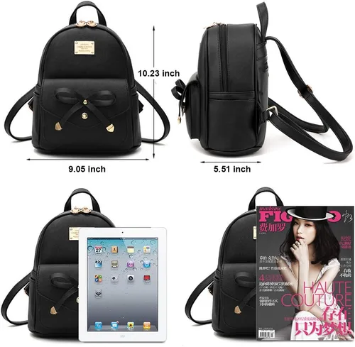 Vista 9 de Mochila pequeña para niñas y mujeres, de cuero, a la moda, para el día a día, Negro), .