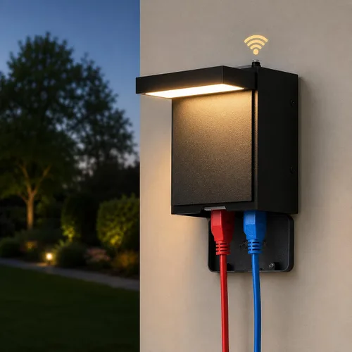 Vista 9 de Nigaut Luz de porche del atardecer al amanecer con salida GFCI, moderna lámpara LED de pared para exteriores con toma incorporada, aplique