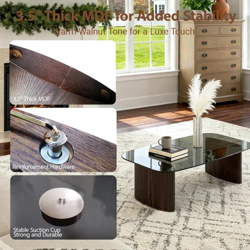Vista 3 de Mesa de centro moderna de cristal, mesa de centro para sala de estar, tapa de vidrio templado con base de madera resistente, mesas de centro Nogal