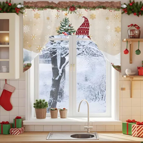 Vista 3 de Cortinas de cocina con cenefa de gnomos de granja, cenefa con bolsillo para barra, paneles de cortina para dormitorio, sala de estar, baño