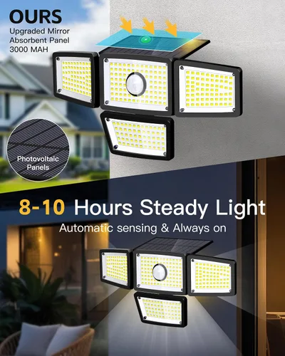 Vista 2 de Lámpara Solar con Sensor de 4 Cabezales, Luces Exteriores con Sensor de Movimiento 3000LM, 283 LED, 6500 K, Sensor de Movimiento, IP65 Impermeable