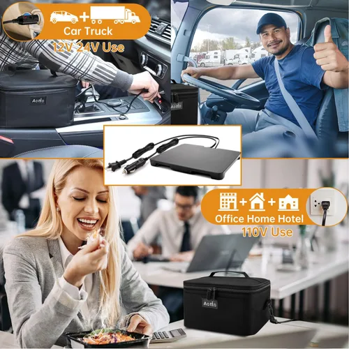 Vista 2 de Aotto Fiambrera eléctrica calentador de alimentos – 12 V/24 V/110 V 3 en 1 horno portátil y calentador de alimentos, lonchera térmica para adultos