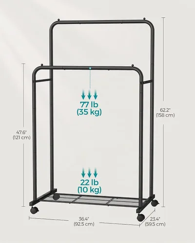 Vista 6 de SONGMICS Perchero de doble barra con ruedas, perchero para colgar ropa, perchero resistente con estante de almacenamiento de malla, 2 frenos, cada