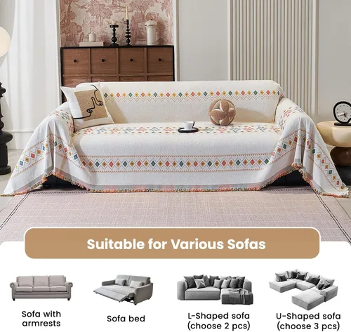 Vista 7 de 71"x71" Reversible Boho Chenille Couch Cover Sofa Slipcover for Dogs Fade-Resistant Sofa Cover for 2-3 Cushion, L-Shape Sectional Sofa Soft