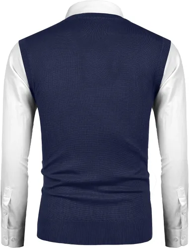Vista 4 de COOFANDY Chaleco de suéter para hombre, sin mangas, cuello en V, ajustado, suéter de punto, chaleco casual de punto