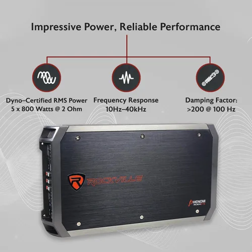 Vista 2 de Rockville RXH-F5 amplificador para auto de 5 canales de 3200W, RMS certificado por dyno, con fuente de alimentación MOSFET, condensadores ELNA