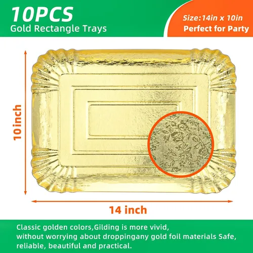 Vista 2 de 10 piezas de bandejas rectangulares doradas, de papel de cartón desechable resistente para platos, para elegante mesa de postres, exhibición