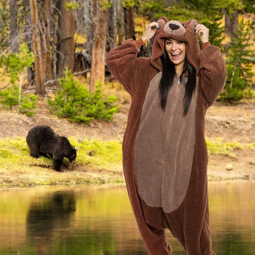 Vista 2 de Sherpa Bear Adult Onesie - Animal Halloween Costume - Plush Teddy One Piece Cosplay Suit for Adults, Women and Men FUNZIEZ!