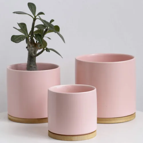 Vista 6 de Juego de 2 macetas para interiores y exteriores, maceta de cerámica de porcelana de 4.5 pulgadas con orificio de drenaje y bandeja de bambú (negro)