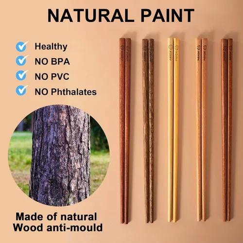 Vista 3 de MFJUNS Juego de 5 pares de palillos de madera, palillos reutilizables grabados con panda, palillos de palisandro/wengué/haya/madera de hierro, sin
