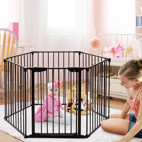 Vista 5 de Costzon Puerta de seguridad para bebés, valla de chimenea de 6 paneles, puerta plegable para bebé extra ancha para fácil con paneles