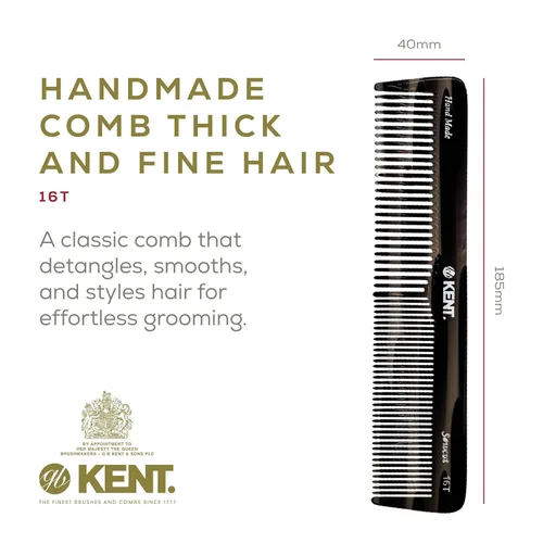 Vista 4 de Kent 16T-16TG Peine de dientes finos y dientes anchos para aseo diario, peine de peinado hecho a mano para todo tipo de cabello, peines para peinar