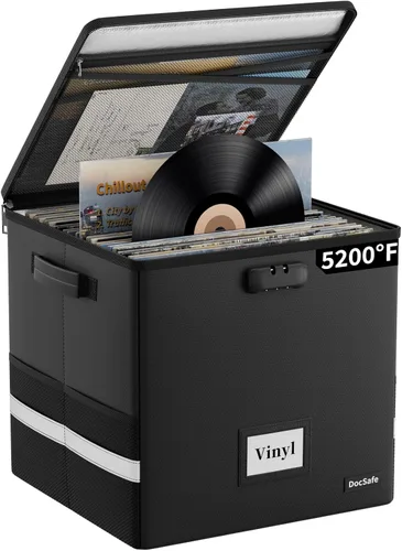 Vista 13 de DocSafe Fireproof Vinyl Record Storage Box with Lock, Beige, 13"x13"x13