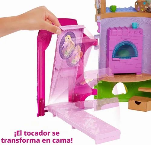 Vista 3 de Mattel Disney Princess Rapunzel Tower - Juego de casa de muñecas con muñeca Rapunzel, 6 áreas de juego, 15 accesorios y Pascal
