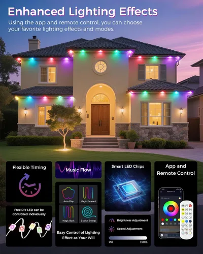 Vista 4 de Luces Permanentes para Exteriores para Casa, Luces LED RGB Inteligentes de 100 pies para Aleros, Decoración Exterior con Control por