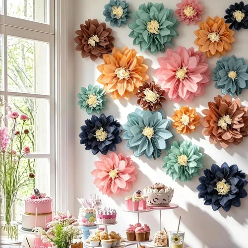 Vista 8 de Geyee 18 Piezas Flores de Papel Mexicanas Coloridas Fiesta Flores de Papel de Seda Pompones Carnaval Mexicano para Fondo Floral de Fiesta Boda