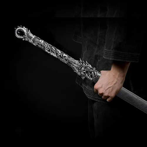 Vista 2 de Espada china de la dinastía Tang Dao de acero al carbono, hoja recta afilada, katana con patrón de dragón, funda