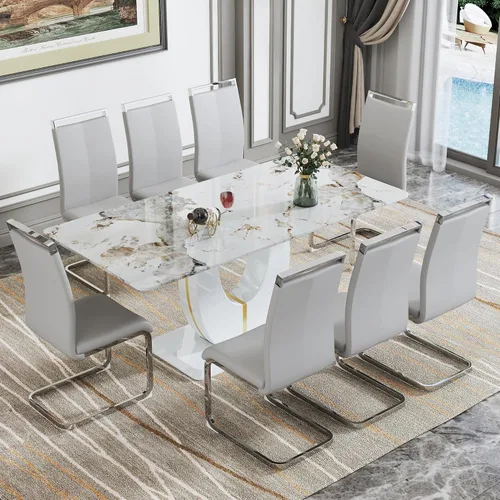 Vista 50 de JUFU Juego de mesa de comedor moderno para 4, juego de mesa de cocina rectangular de 63 pulgadas con mesa de mármol sintético y 4 sillas tapizadas