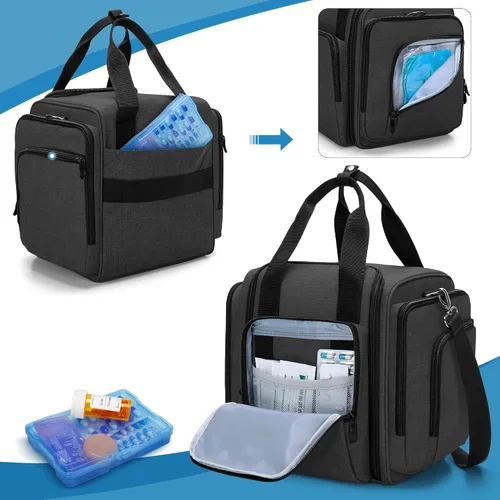 Vista 5 de BAFASO Bolso grande organizador de pastillas con 4 bolsas interiores extraíbles, bolsa de medicina con correa para el hombro (SÓLO LA BOLSA), negro