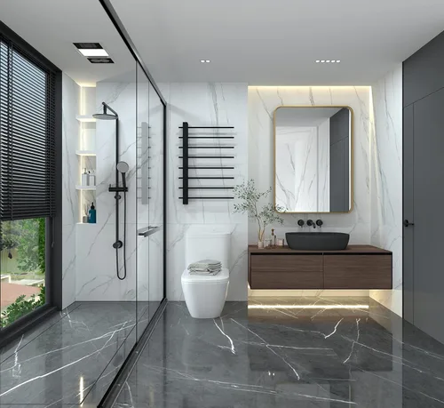 Vista 3 de Espejo de latón para baño, espejo rectangular redondeado de 22x30 pulgadas con marco de metal cepillado dorado, espejo de tocador de baño sin