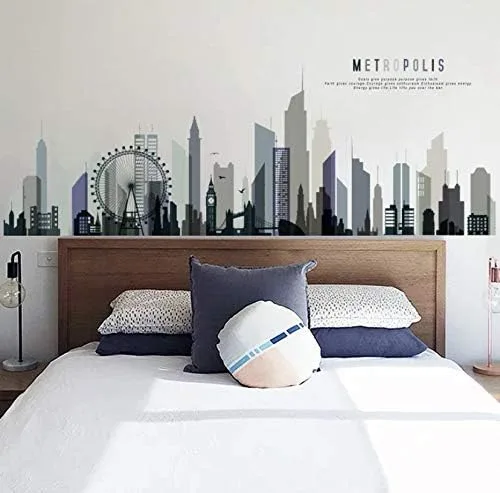 Vista 2 de Adhesivo de pared de ciudad, calcomanía de pared grande para sala de estar, calcomanías de pared negras, calcomanía de vinilo con diseño