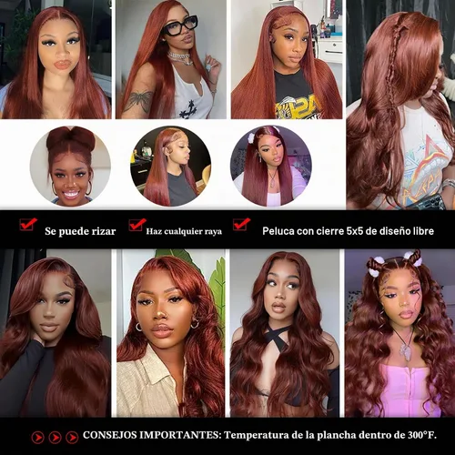 Vista 5 de Pelucas de cabello humano de 28 pulgadas con encaje frontal de color marrón rojizo de 5 x 5, pelucas de cierre de encaje HD para mujeres negras