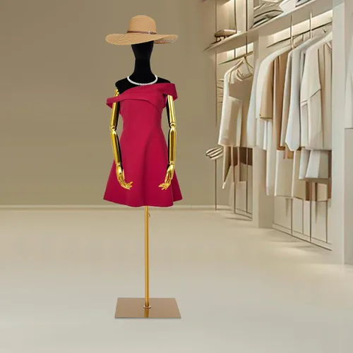 Vista 4 de Maniquí femenino de terciopelo con brazos y base dorados, altura ajustable de 59 a 79 pulgadas, soporte de exhibición de medio maniquí