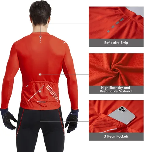 Vista 60 de Santic - Camiseta de ciclismo para hombre, manga larga, reflejante, cremallera completa, con bolsillos