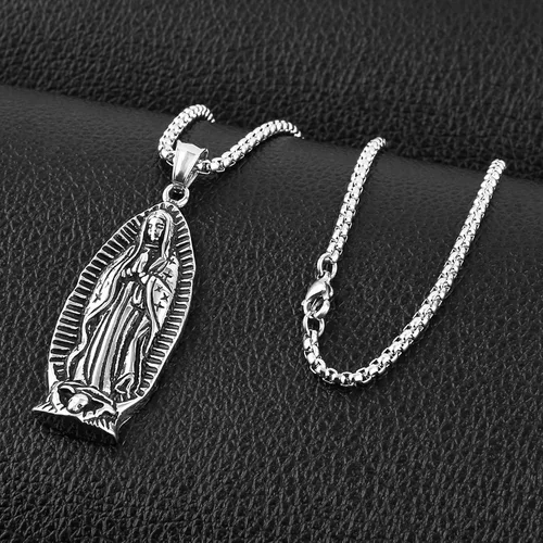 Vista 3 de HZMAN Collar colgante de acero inoxidable con cadena de trigo de acero inoxidable con cadena de trigo de Nuestra Señora de Guadalupe